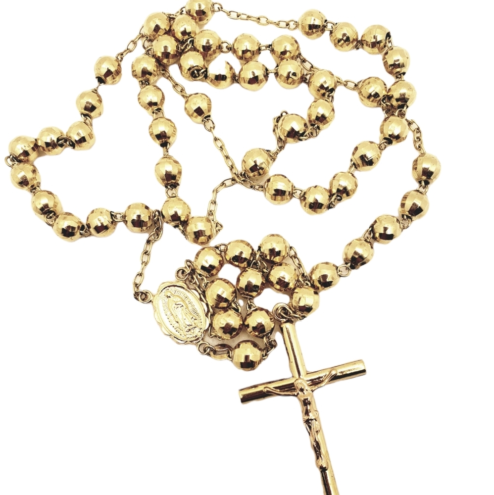 14K Solid Gold 6mm Bead Ball Rosary Necklace 26" Guadalupe Rosario Collar Oro